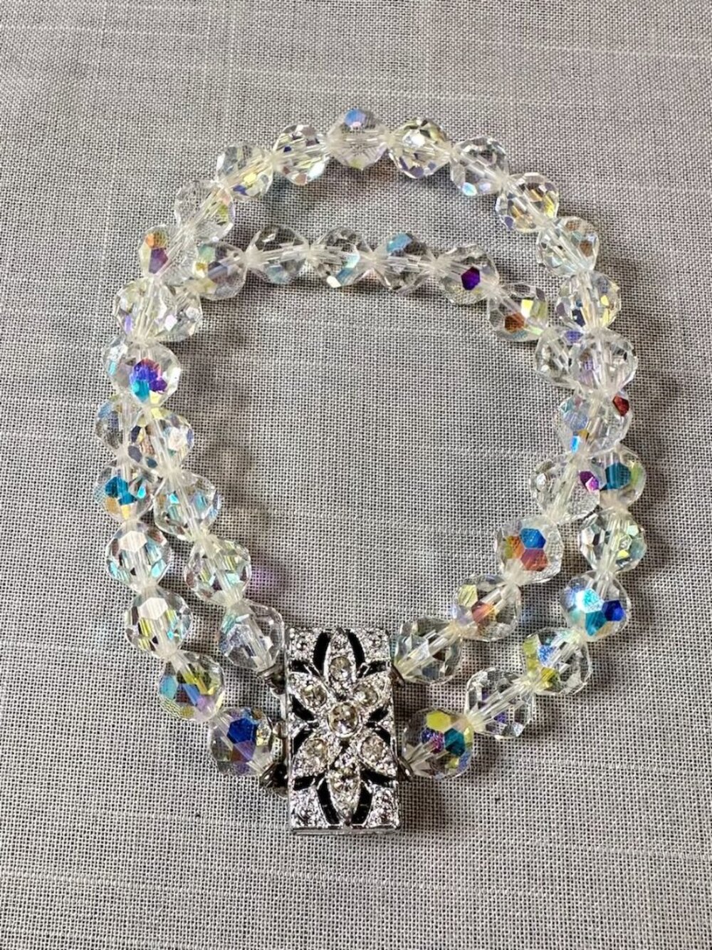 Vintage Double Strand Irridescent Beaded Bracelet with Floal Rhinestone Clasp